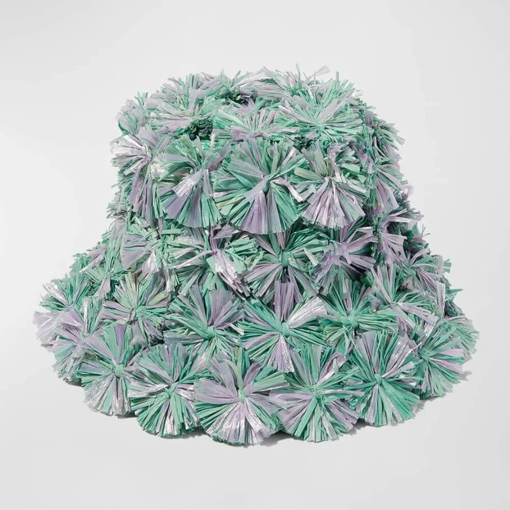 NWT Lele Sadoughi Straw Confetti Green Bucket Sun Vacation Hat - Picture 2 of 5
